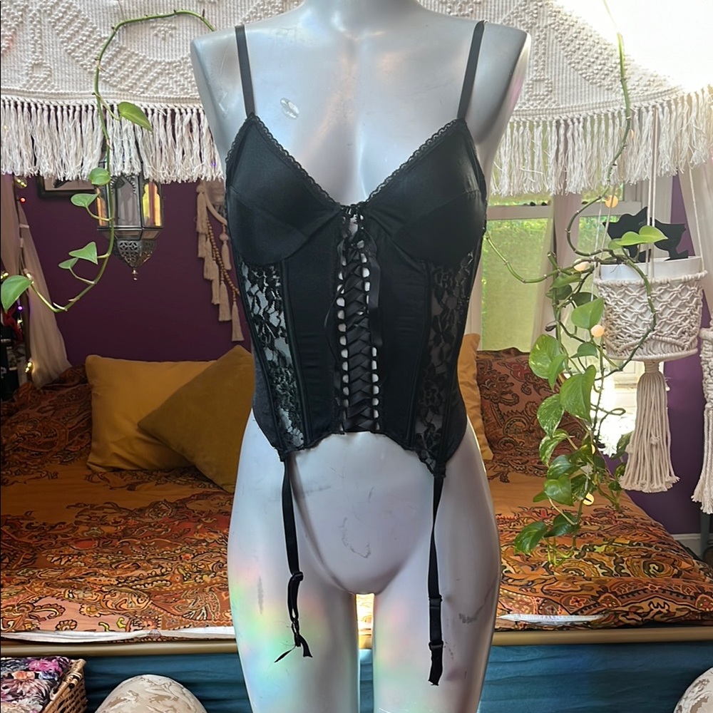 Vintage Goth Black satin silky lace corset bustier top lace up front cami